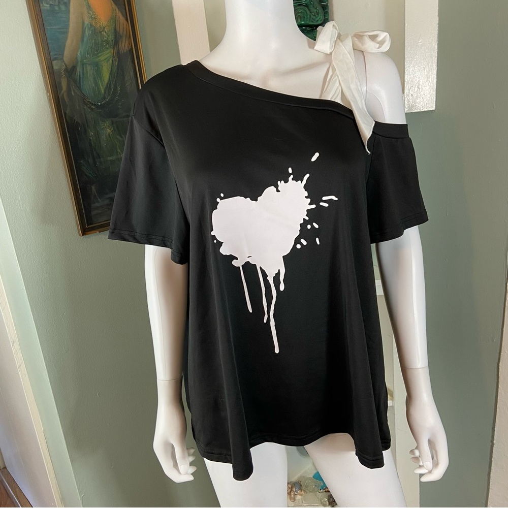 Shein Curve Heart Splatter Off One Shoulder Bow Tie Tee T-Shirt Blouse Top 2XL - Picture 3 of 12